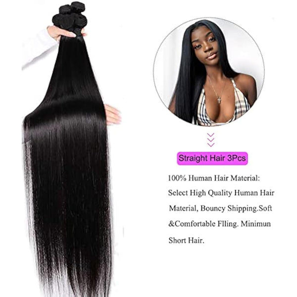 12A Brazilian Straight Human Hair Bundles 100% Unprocessed Virgin Human Hair Extensions 3 Bundles Machine Double Wefts for Women Natural Black Color 26 28 30 Inch