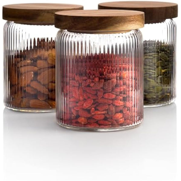 Mason & Fable Ribbed Glass Jar with Wooden Lid 500ml set of 3 | Airtight Glass Storage Canister for Food, Pasta, Coffee, Dog Treats, Snacks | Container for Home & Kitchen