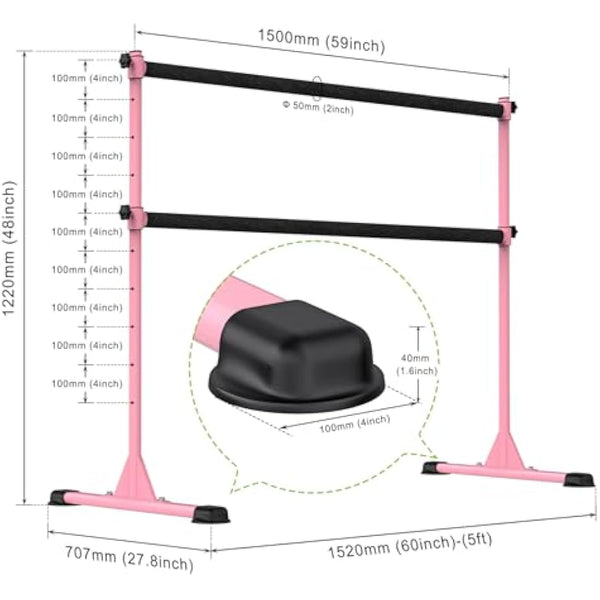 Dolibest Ballet Barre Freestanding, 10 Height Adjustable Ballet Bar Portable Pink Stretching Dance Bar with Non-Slip Rubber Pads for Girls Kids Adults Home Workout Fitness