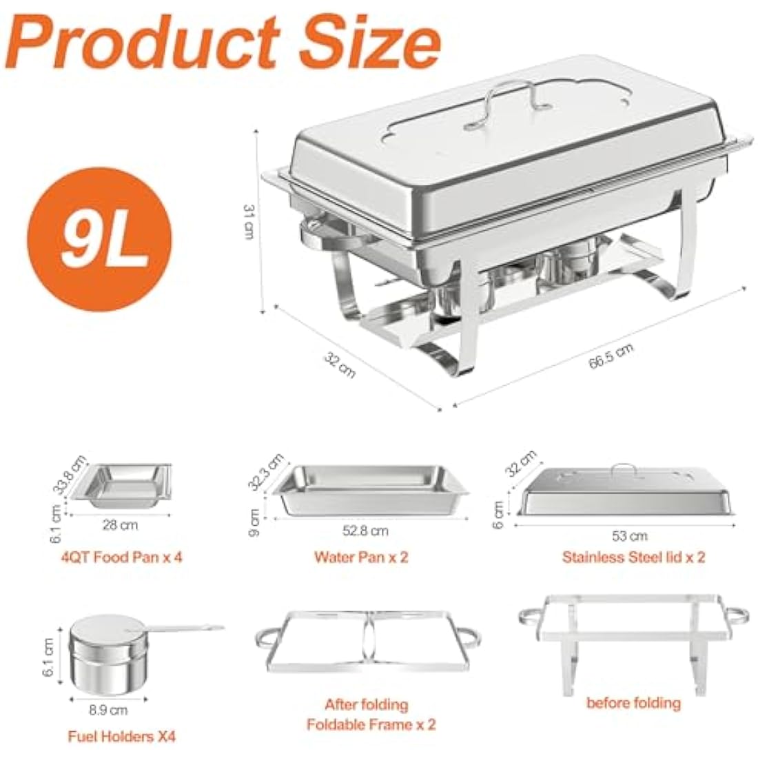 9L Chafing Dish Buffet Set,4 Pack Buffet Servers Catering Heat Container Set, Stainless Steel With Half Size Food Containers, Foldable Frames Food Warmer Set for Catering, Buffet, Wedding Parties