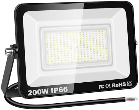 RIGIDON 1 Pcs Outdoor Flood LED Work Light, 200W 20000 Lumens Floodlight, Daylight Cold White Security Lights for Garden Yard Lawn Basketball Football Court Patio Landscape, IP66 Waterproof 6000K