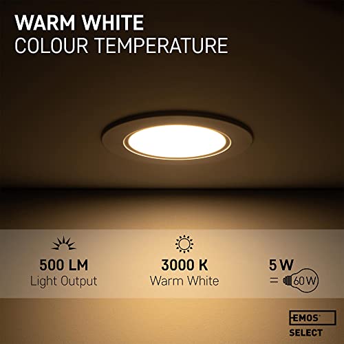 EMOS LED Downlights for Ceiling, 5W/500 Lumens, Warm White 3000K | IP54 Waterproof LED Spot Lights for Bathroom etc. | Set of 6 Recessed LED Ceiling