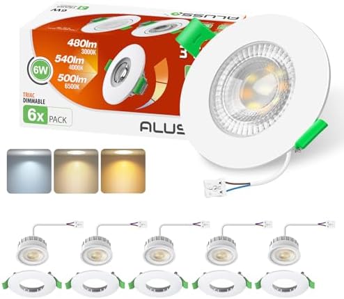 ALUSSO LIGHTING LED Recessed Ceiling Lights 6W 540lm, Ø68mm Downlight for Ceiling, Dimmable 3CCT Warm White 3000K Neutral White 4000K Cool White 6500K, IP44 Spotlights for Bathroom, 6Pack