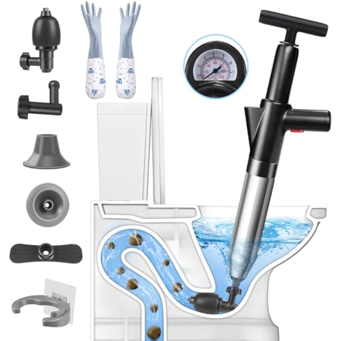 inShareplus Toilet Plunger, Black Toilet Unblocker Heavy Duty, High Pressure Plunger Kit with 4 Replaceable Heads and 1 Gloves Plunger Sink Unblocker for Unblocking Toilets, Sink, Bathtub, Floor