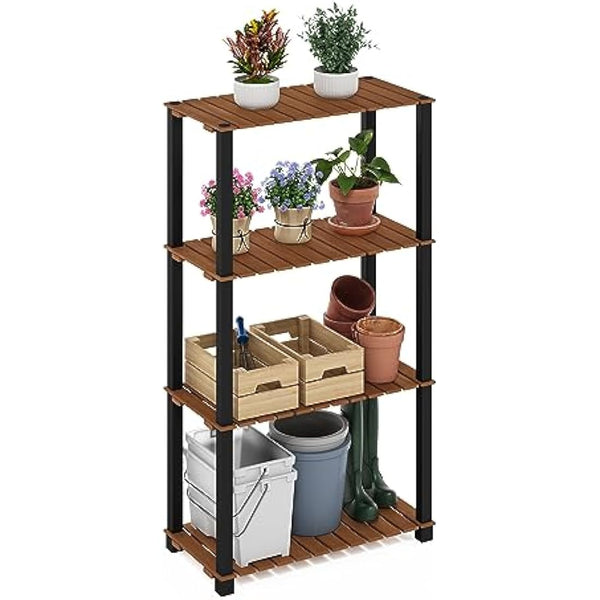 Furinno Pangkor 4-Tier Turn-N-Tube Indoor Outdoor Plant Shelf Wood Stand with Square Poles, Natural/Black