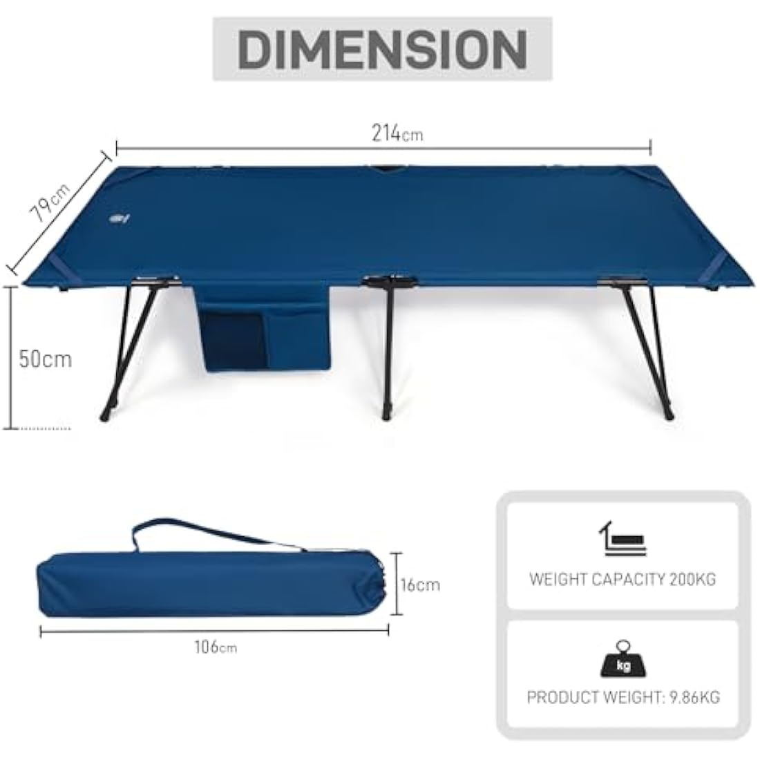 EVER ADVANCED Adult Camp Cot, Heavy Duty Folding Bed with Side Pocket, Portable Camping Bed for Outdoor Use, Loads 200KG