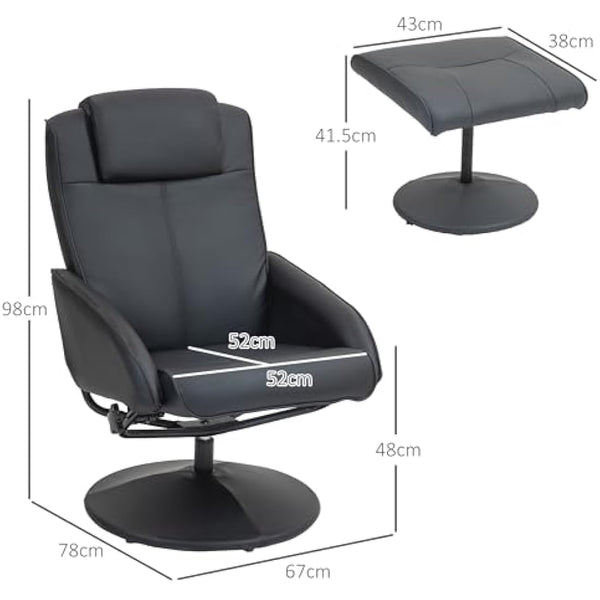 HOMCOM Recliner Chair and Footstool, Swivel PU Leather Upholstered Armchair with Footstool and Adjustable Backrest for Living Room, Bedroom, Black