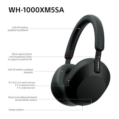 Sony WH-1000XM5 Hard Case Premium Noise Cancelling Wireless Over-Ear Headphones, Bluetooth, Clear Call Quality, Hi-Res Audio, Up to 30hr Battery Life, Includes Hard Case, iOS & Android - Black