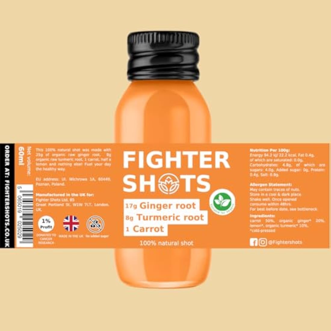 Fighter Shots Ginger Turmeric Shots (Vegan/12x60ml) | Fresh & Fiery Ginger Shots for Immune Support | Boosts Energy | 100% Natural/No Nasties | Rich in Antioxidants | Packed with Vitamin C
