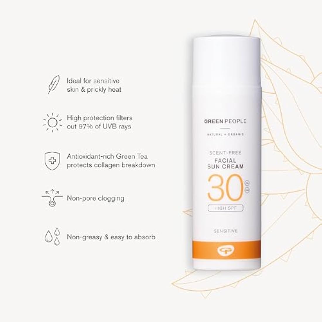 Green People Scent Free Facial Sun Cream SPF30 - Sunscreen for Sensitive Skin & Prickly Heat - Vegan & Cruelty Free, 50ml