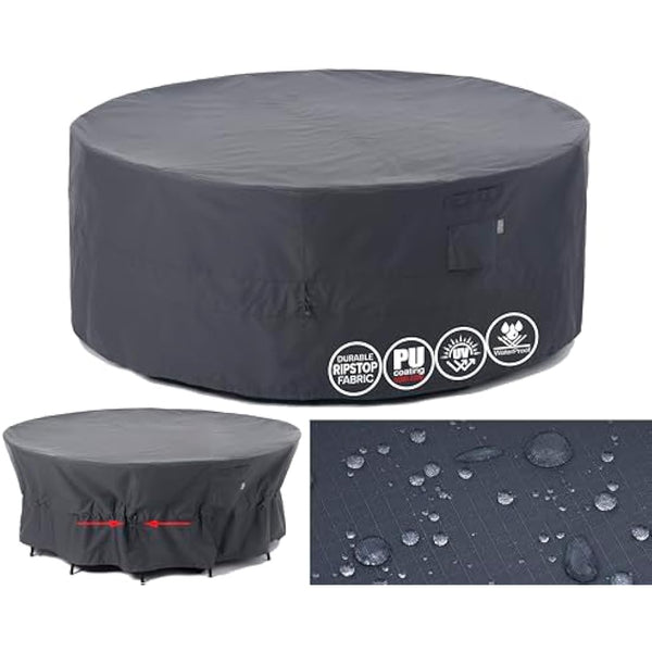 F&J Outdoors Garden Furniture Covers Waterproof Outdoor Table Cover Heavy Duty Tear Resistant Cinched Waist Windproof Extra Large Garden Furniture Cover, Grey, 330x89cm