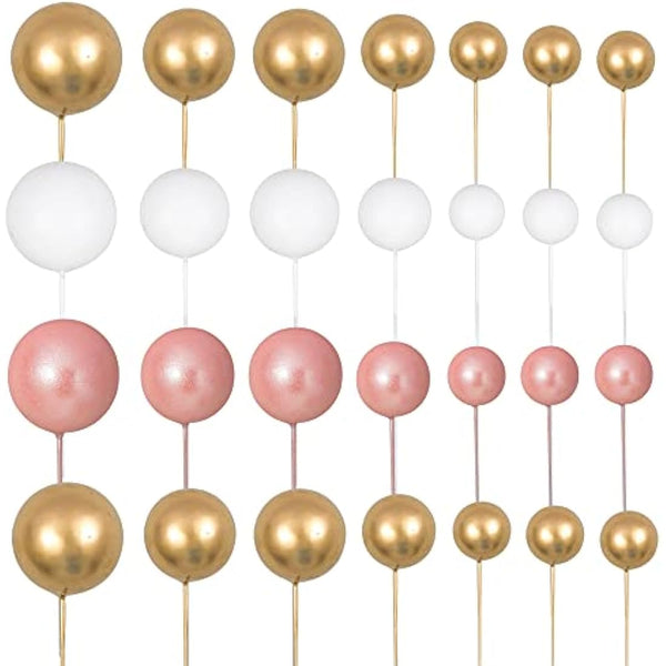 Gyufise 30Pcs Balls Cake Topper Mini Balloons Cake Toppers Foam Ball Cake Decorations Balloon Cake Topper Ball Shaped Cake Insert Topper for Birthday Party Baby Shower Decor Rose Gold White Gold