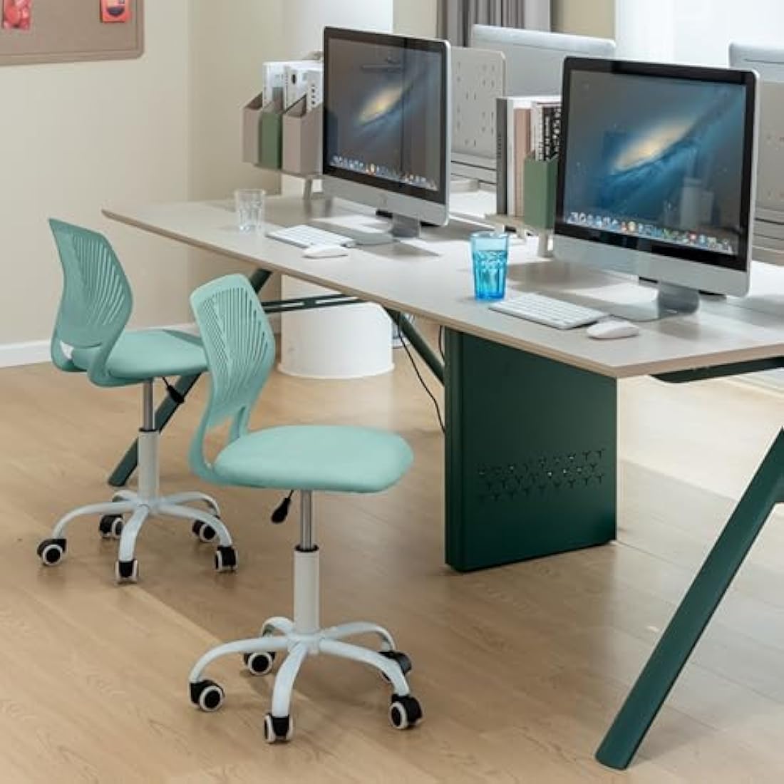 Homy Casa Desk Chair Linen Fabric Seat Ergonomic Swivel Task Chair without Armrest Adjustable Height Office Chair Home Office for Kids Teens, Cactus Green