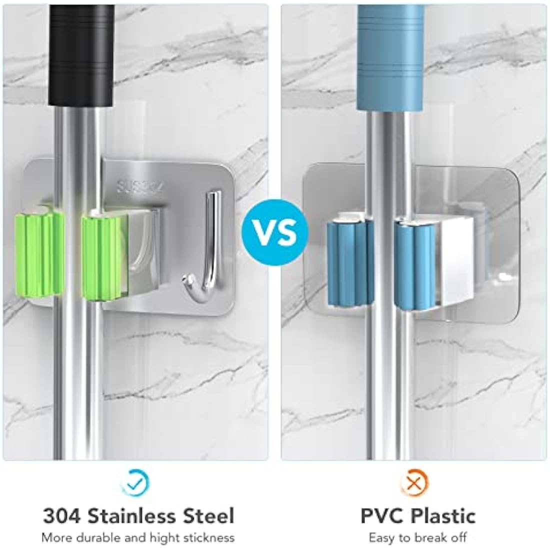 homeasy Mop Broom Holder, 4 Pcs Stainless Steel Self Adhesive Mop Holder Wall Mounted with Hooks Hanger Self-Adhesive Broom Holder for Bathroom, Kitchen, Office, Closet, Garden Garage (Green)