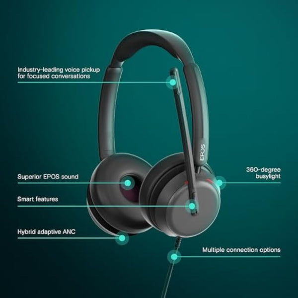 EPOS IMPACT 860T ANC Dual-Sided Wired Headset with Active Noise Cancellation, Microsoft Teams Certified, USB C and USB A, Super Wideband Audio, Ideal for Office Calls, Zoom, Home & Hybrid Work