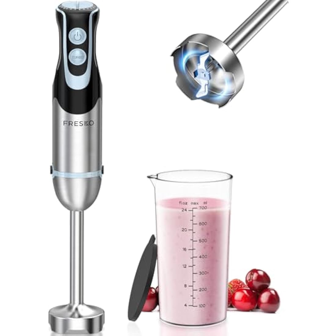 FRESKO Stainless Steel Hand Blender, 1200W Electric Stick Blender with 12 Speed and Turbo Mode, Heavy Duty Copper Motor Immersion Blender,700ml Beaker for Baby Food, Smoothies, Soup, BPA-Free