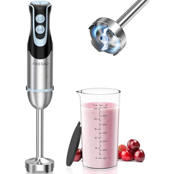 FRESKO Stainless Steel Hand Blender, 1200W Electric Stick Blender with 12 Speed and Turbo Mode, Heavy Duty Copper Motor Immersion Blender,700ml Beaker for Baby Food, Smoothies, Soup, BPA-Free