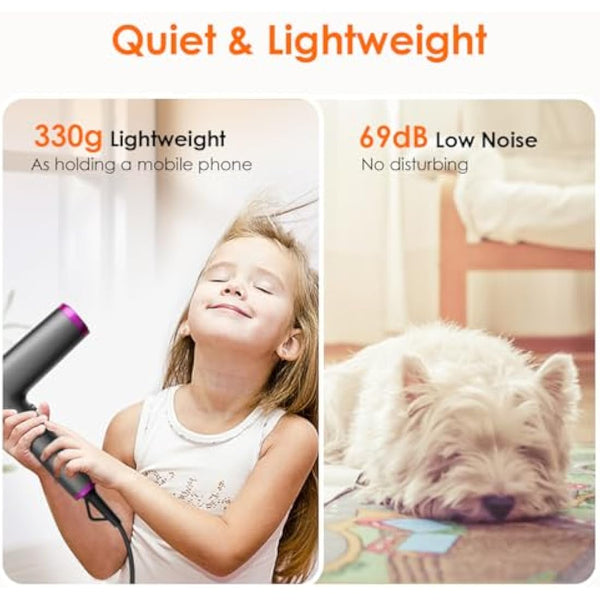 Faszin Hair Dryer, Lightweight Hairdryer with 110,000 RPM High Speed Motor for Fast Drying, 200 Million Ionic Hairdryers for Women & Men, Low Noise Hair Dryers, with 3 Magnetic Nozzle (Gray)