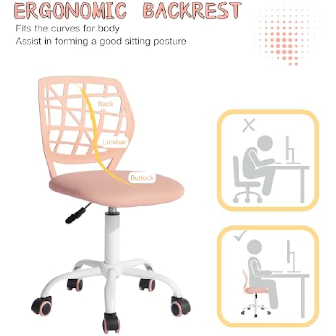 FurnitureR Office Chair Desk Chair Adjustable Height Swivel Fabric Seat Ergonomic Work Chair without Armrest, Light Pink