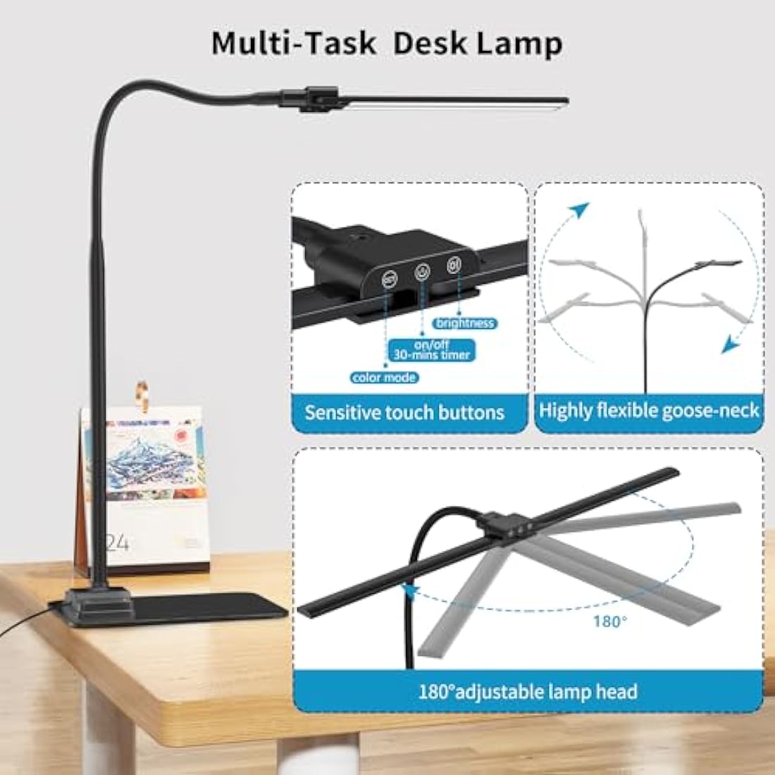 KableRika LED Desk Lamp for Office, Double Head Desk Lamp with Base, Dimmable Architect Desk Light, Eye Caring Monitor Light Bar with Timer, Task Lamp for Work Study Read Home Office Lighting