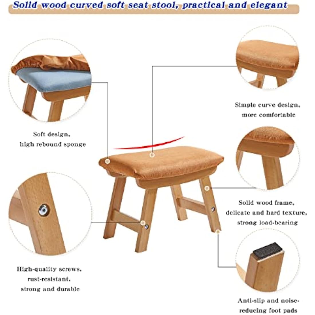 Aibiju Wooden Footstool, Foot Stool Ottoman Pouffe Padded Chair Stool with Removable Cover 4 Beech Legs Suitable for Bedroom, Living Room and Kitchen,(Natural leg + Orange cushion),YDEU-1356
