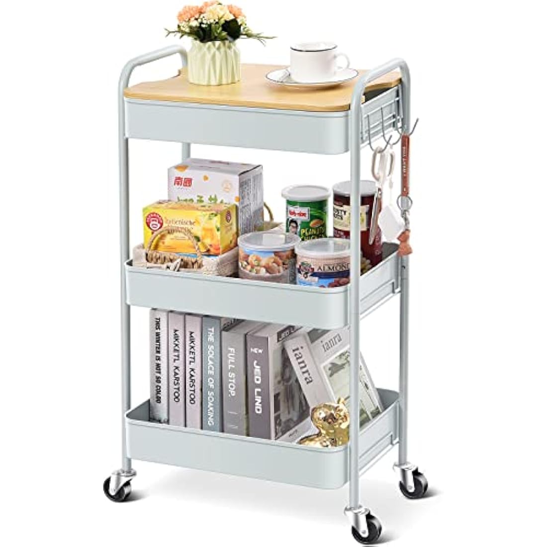 KINGRACK 3 Tier Metal Storage Trolley on Wheels with Removeable Wooden Worktop Trap Table Cover, Beauty Book Craft Tea Art Trolley for Home Bathroom Kitchen Laundry, No screws needed Easy