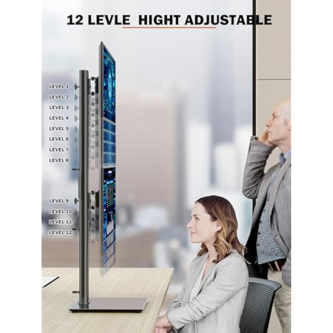 HEMUDU Dual Monitor Stand, Vertical Stack Screen Free-Standing Monitor Riser Fits Two 13 to 34 Inch Screen with Swivel, Tilt, Height Adjustable, Holds One (1) Screen up to 20kg HT05B-002P