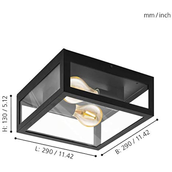 Eglo Alamonte 1 Outdoor Ceiling lamp, 2-Flame Outdoor Wall Light, Black galvanised Steel with Clear Glass Ceiling Light, E27 Socket, IP44