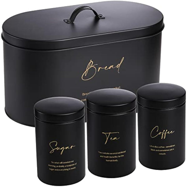 Hacaroa Set of 4 Bread Box and Canister Set for Kitchen Countertop, Metal Bread Bin Sugar Tea Coffee Storage Canister with Lid, Biscuit Tin Set for Loaf, Pastry, Dry Food, Black
