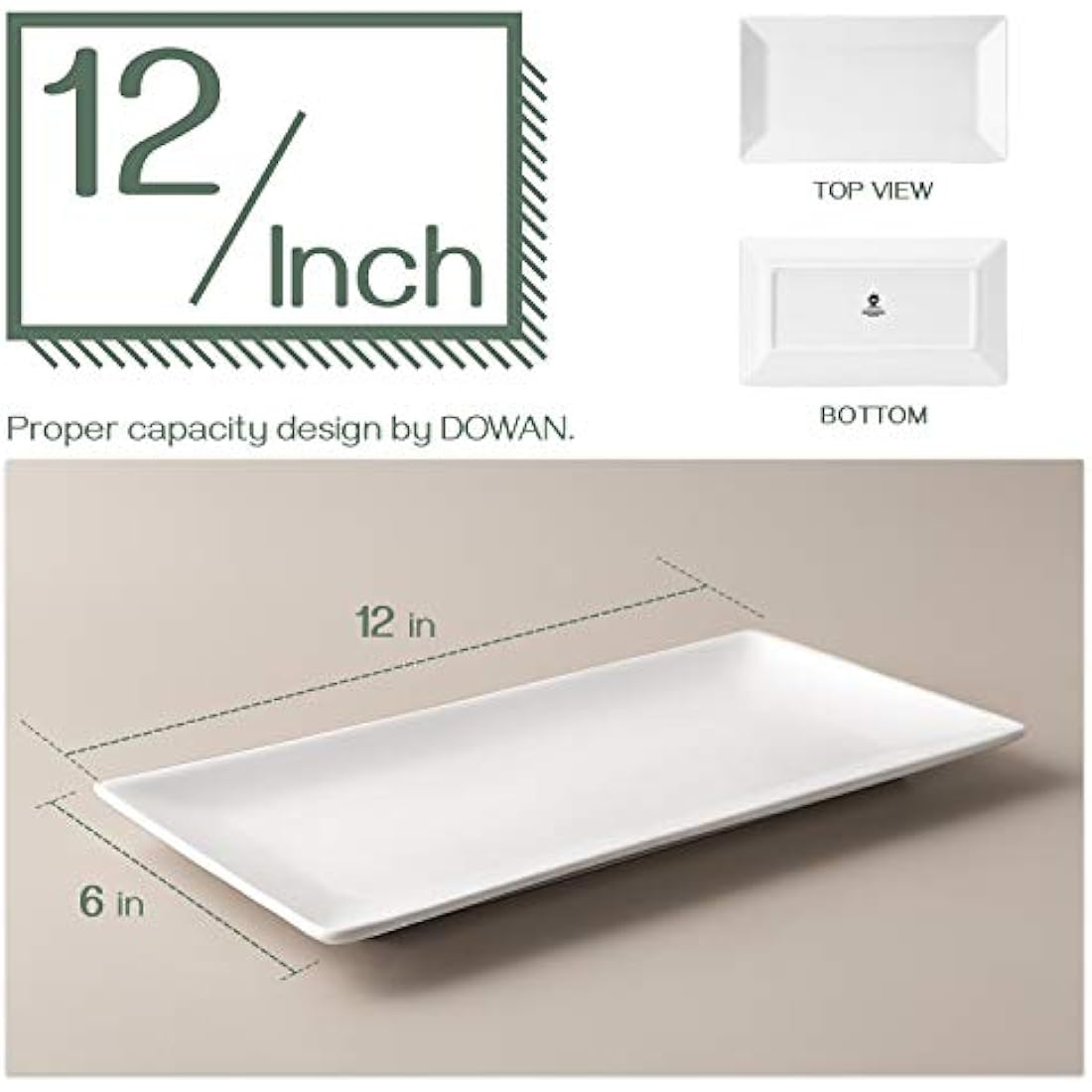 DOWAN Serving Platter – 12" x 6" White Ceramic Rectangular Plates – Set of 4 Oblong Porcelain Dishes for Sushi, Appetisers, Party Food, Steak, Cake, Dessert – Dishwasher Safe