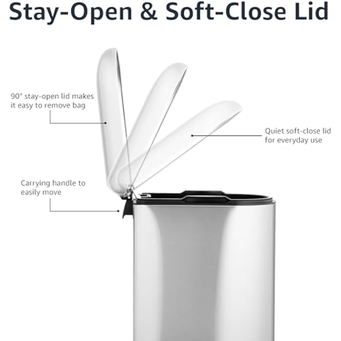 Amazon Basics Smudge Resistant Small D-Shaped Trash Can With Soft-Close Foot Pedal for Bathroom,Bedroom or Living room, Slim shape for narrow space, 10 l /2.6 gallons, Brushed Stainless Steel