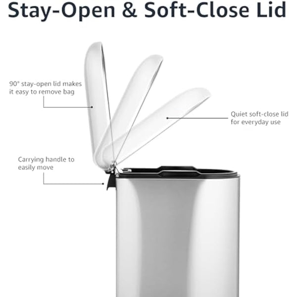 Amazon Basics Smudge Resistant Small D-Shaped Trash Can With Soft-Close Foot Pedal for Bathroom,Bedroom or Living room, Slim shape for narrow space, 10 l /2.6 gallons, Brushed Stainless Steel