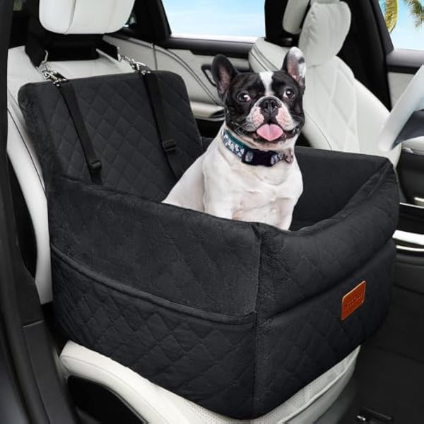 HEGGCOOE Small Dog Car Seat, Memory Foam Dog Booster Seats with Thick Cushion for Medium Dogs Under 35lbs, Detachable Washable Pet Car Seat with Storage Pockets,2 Safety Belts