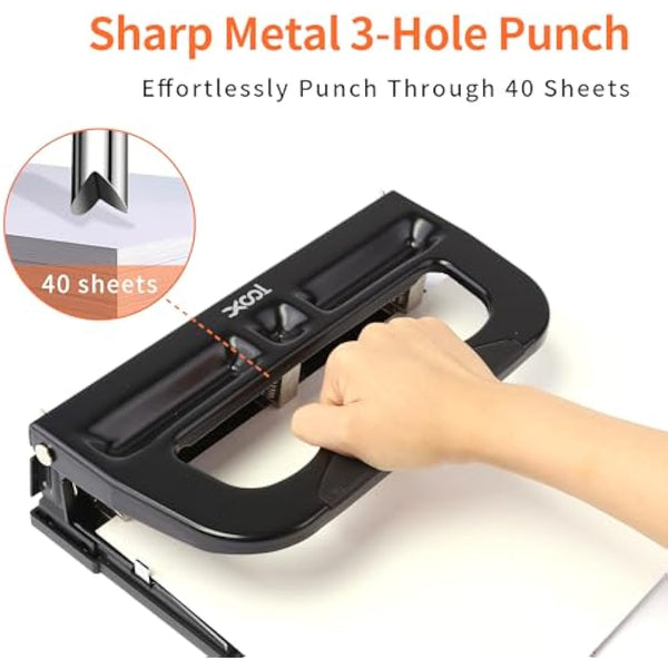 XOOL 3 Hole Punch, Heavy Duty Metal Hole Puncher for 2 or 3 Holes, 9/32" 7mm Hole Diameter, 40-Sheet Capacity, Adjustable Hole Spacing, Non-Slip Base for Office & School