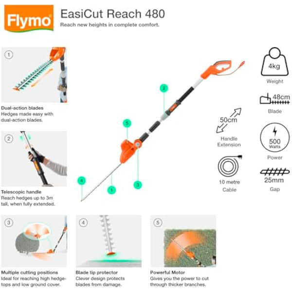 Flymo EasiCut Reach 480 Electric Hedge Trimmer, Orange