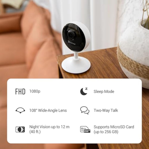EZVIZ C1C 2 Pack Mini Home Security Camera Indoor, 1080P Wired Wifi Camera, Home Secuirty Camera, 10M Night Vision, Motion Detection, Alarm, Two Way Audio, 2.4GHz Only, Alexa/Google/App Control