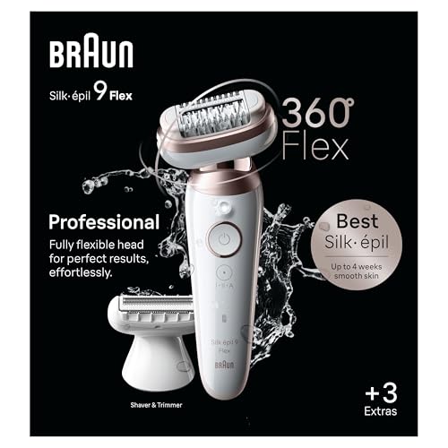 Braun Silk-épil 9 Flex SkinSpa, Epilator with 360° Flexible Head for Easy Hair Removal, Wet & Dry, Lasting Smooth Skin, All-in-One Kit, with Body Mini Shaver, SES9-481 3D, White/Gold
