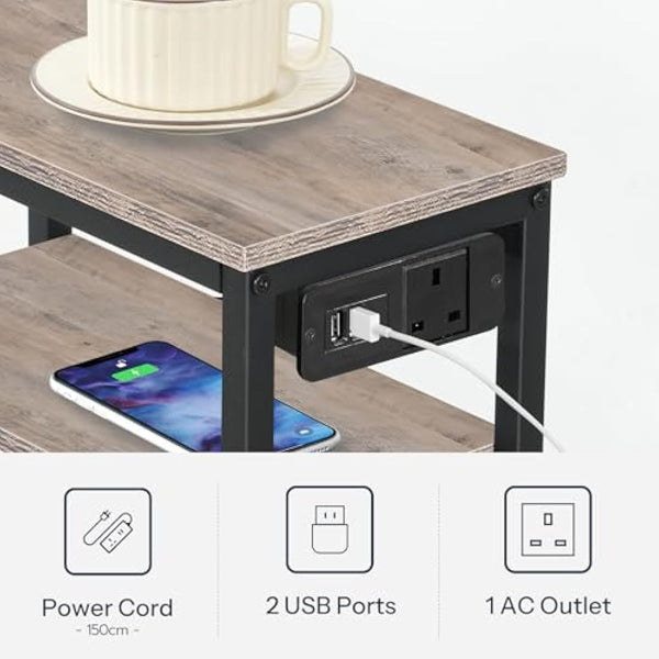 HOOBRO Narrow Side Table, Slim Side Table with Charging Station, USB Ports and Power Outlet, Bedside Table for Small Space, 40 x 20 x 60 cm, for Living Room, Greige and Black EBG125KBZ01
