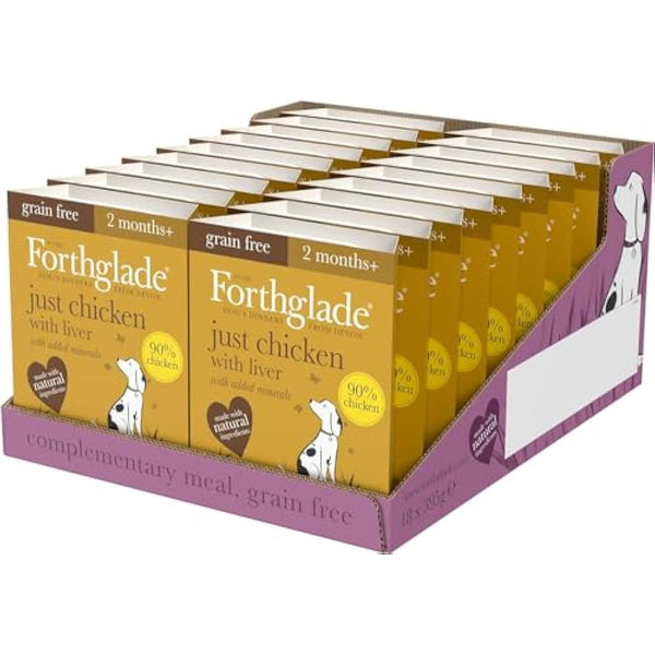 Forthglade Complementary Wet Dog Food (18 x 395g Trays) - Grain Free & Hypoallergenic Dog Food, Just Chicken with Liver, 90% Protein Stomach Sensitive Meals with Natural Ingredients