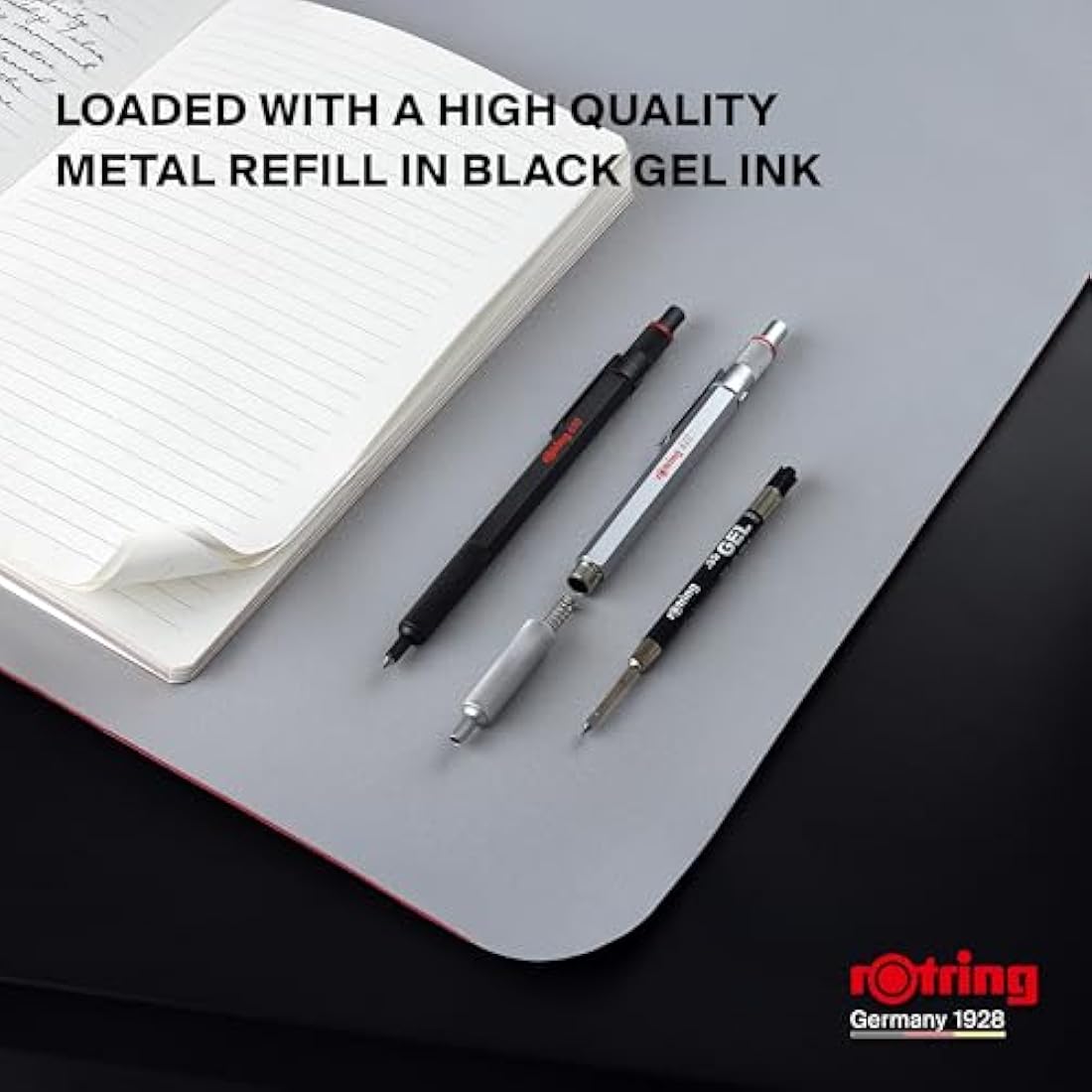 rOtring 600 Gel Pen | 0.55 mm | Black Ink | Black Metal Body Pen | Non-Slip Knurled Grip & Hexagonal Barrel | Refillable