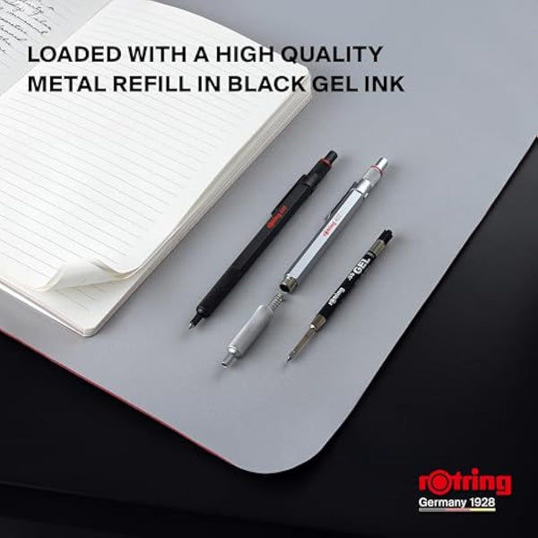 rOtring 600 Gel Pen | 0.55 mm | Black Ink | Black Metal Body Pen | Non-Slip Knurled Grip & Hexagonal Barrel | Refillable