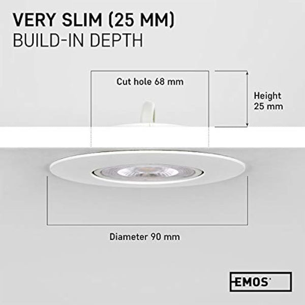 EMOS LED Spot Lights Ceiling Round 5W / 450lm, 6500K Cold White | 50° Tilt Swivel Recessed Ceiling Lights, Ultra Slim | Pack of 12 Recessed LED Downlights for Ceiling, Mains Powered, White