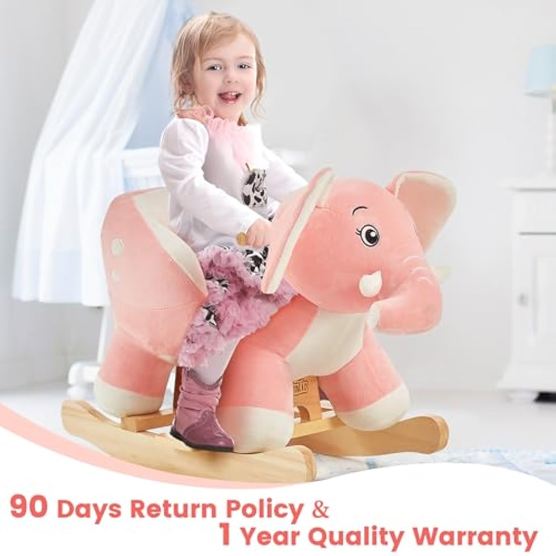 FUNLIO Elephant Baby Rocking Horse for Toddlers 6 Months to 3 Years, Cute & Graceful Pink Elephant Rocker for Baby Girl, Stuffed Plush Ride-on Rocking Animal, Easy to Assemble, CPC & CE Certified