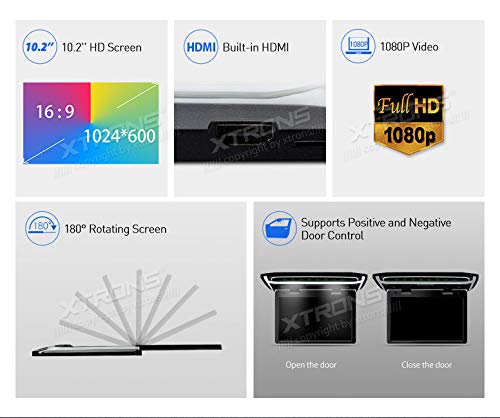 XTRONS 10.2 Inch Digital TFT Screen 1080P Video Car Overhead Player Ultra-thin Roof Mounted Monitor 180° Rotating Screen HDMI Port Door Control