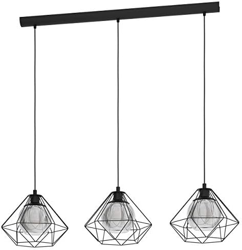 EGLO Vernham Pendant Light, 3-Bulb Pendant Lamp, Vintage, Industrial, Retro, Pendant Light Made of Steel and Smoked Glass, Black, Dining Table Lamp Hanging with E27 Socket