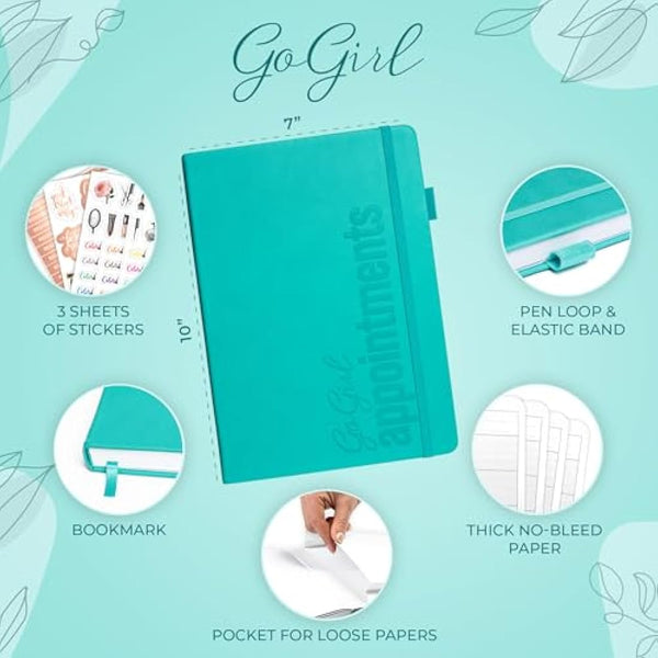 GoGirl Salon Appointment Book – Reservation Book for Beauty Salons, Spas, Hair Stylists, Estheticians – Appt Booking Planner, 18x25.5cm (Turquoise)