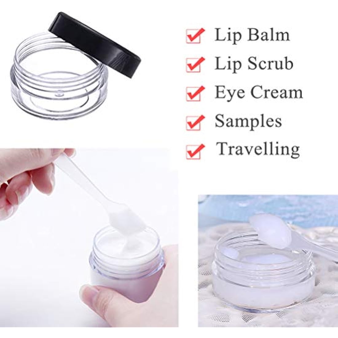 kuou 10 * 15ml Empty Plastic Cosmetic Jars, Sample Containers Pots Bottles with Black Screw Lids and 5pcs Spatulas for DIY Travel Makeup Creams/Powder/Mineral Make Up Cosmetic