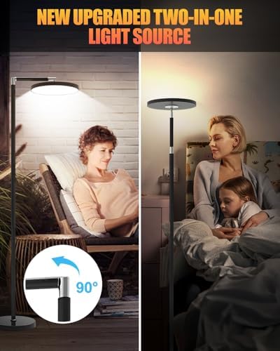 KALAHOL LED Uplighter Floor Lamp, Remote Touch Control & 1 Timer, Dimmable 112LEDs 5 Colour Temperatures 9 Brightness Levels 360° Rotatable Reading Standing Lamp for Living Room Study Office (Black)