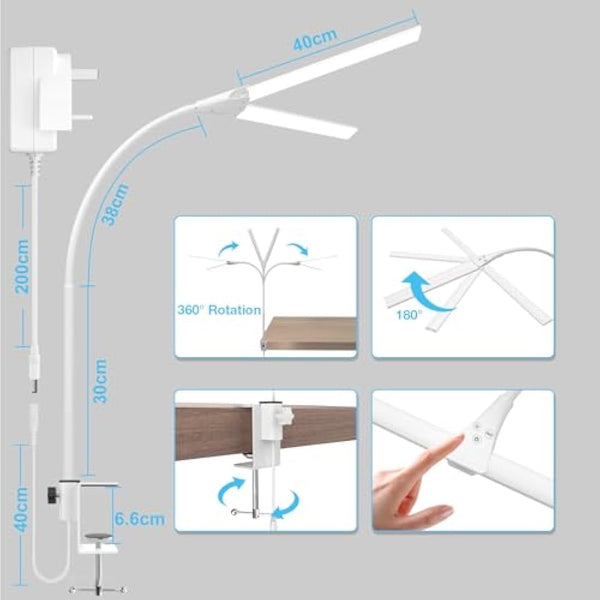 Hensam Desk Lamp, 80CM White Desk Lights Bar for Study, Clip On Desktop Computer Lighting with Gooseneck, Bright Dimmable Task Table Lamp for Work Reading Craft Students