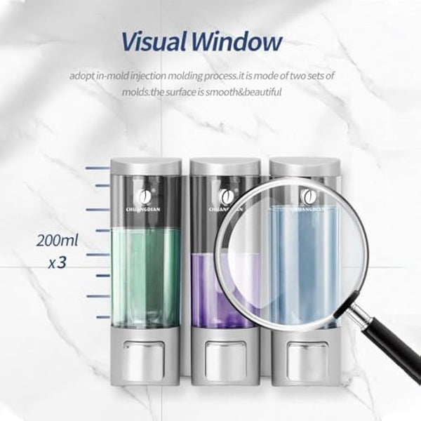Triple 200ML Soap Dispenser Bathroom Wall Mounted Shower Gel Shampoo and Conditioner Dispenser Kitchen Dish Detergent Container Hand Body Wash Liquid Soap Dispenser for Home Hotel Restaurant